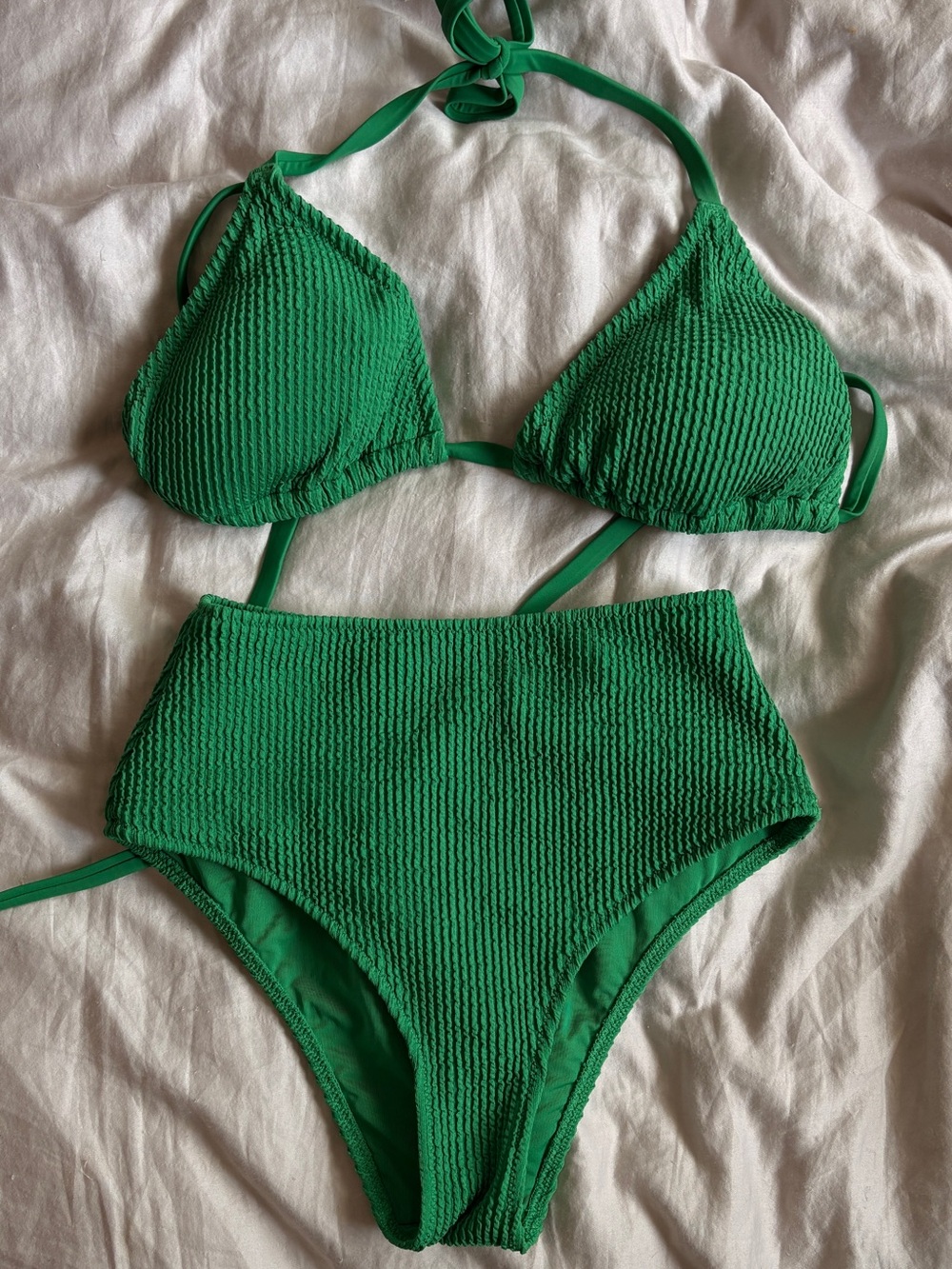 Aerie Textured Green High-Waist Bikini Set| Lg top | XS bottom